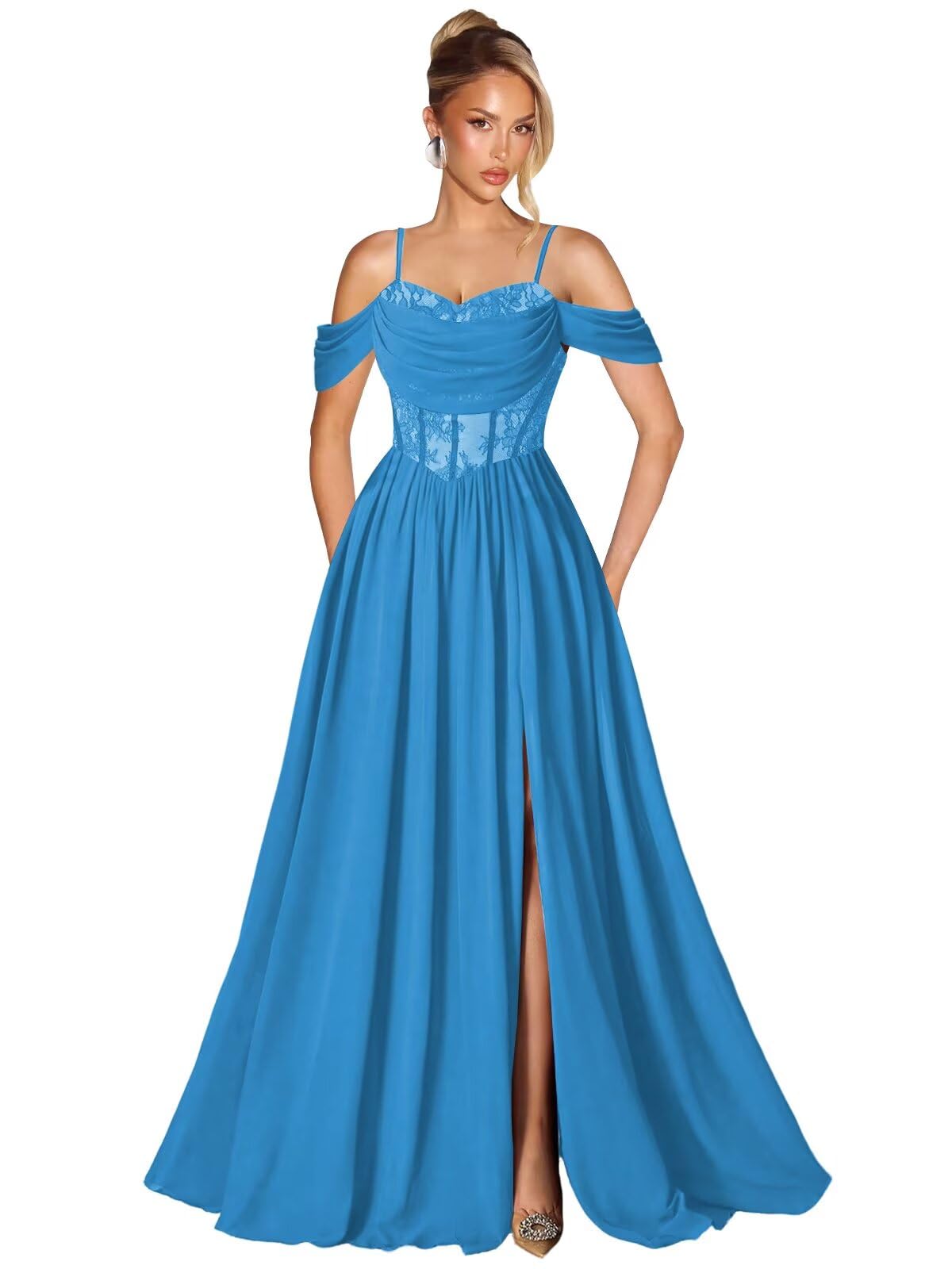 Off Shoulder Lace Applique Prom Dress with Slit A Line Ball Gown Pleated Corset Long Formal Evening Dresses