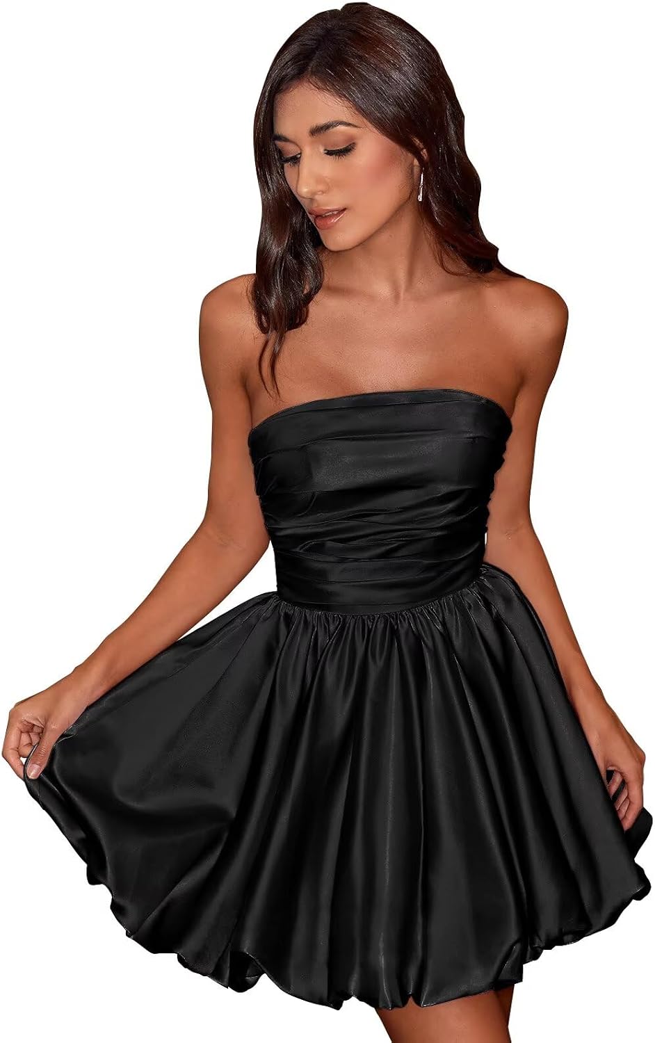 Short Satin A-Line Ruched Homecoming Dresses for Teens Strapless Ruched Mini Formal Cocktail Party Dress