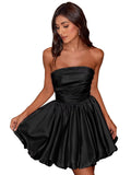 Short Satin A-Line Ruched Homecoming Dresses for Teens Strapless Ruched Mini Formal Cocktail Party Dress