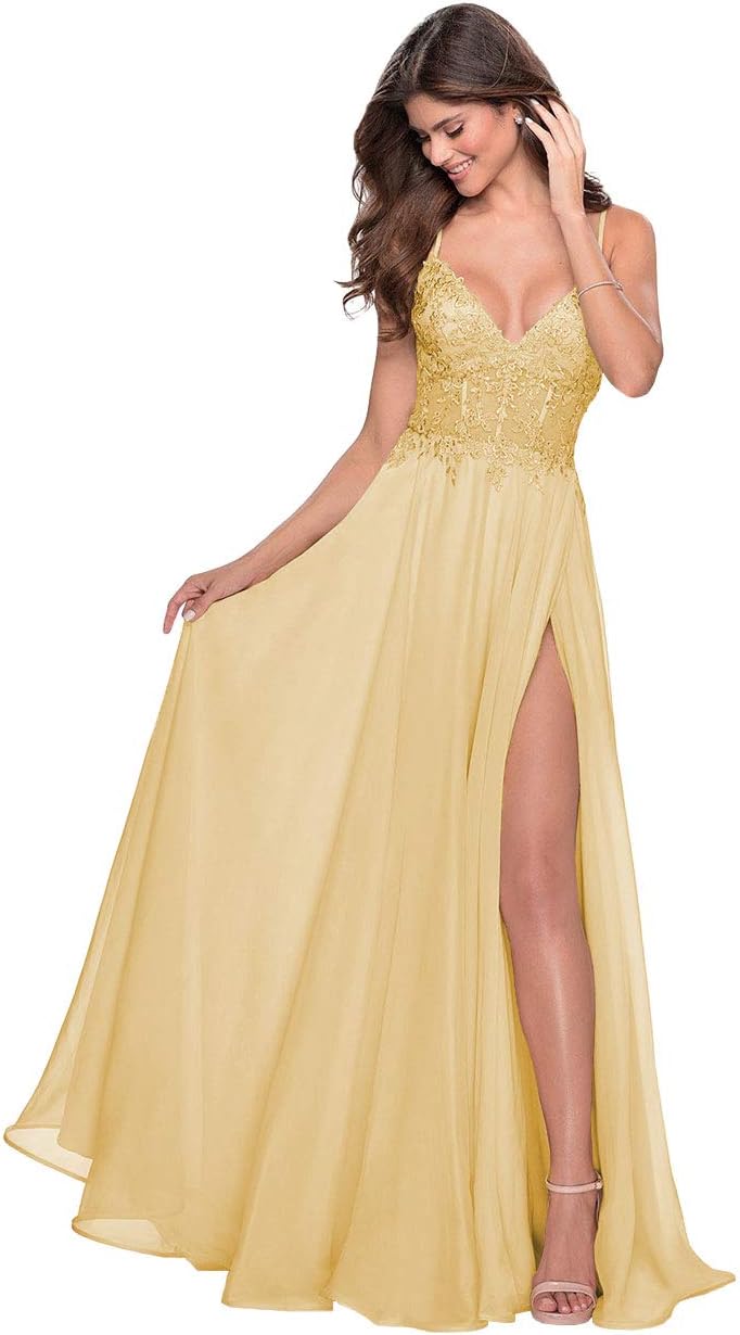 Women's Lace Appliqued Chiffon Prom Dresses Long with Slit Spaghetti Straps V Neck Formal Party Gowns