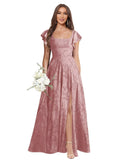 Floral Bridesmaid Dresses for Women Long A-Line Square Neck Lace Formal Evening Gown with Sleeves Slit