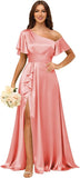 Short Sleeve Satin Bridesmaid Dresses for Women Ruffle One Shoulder Formal Evening Gowns with Slit