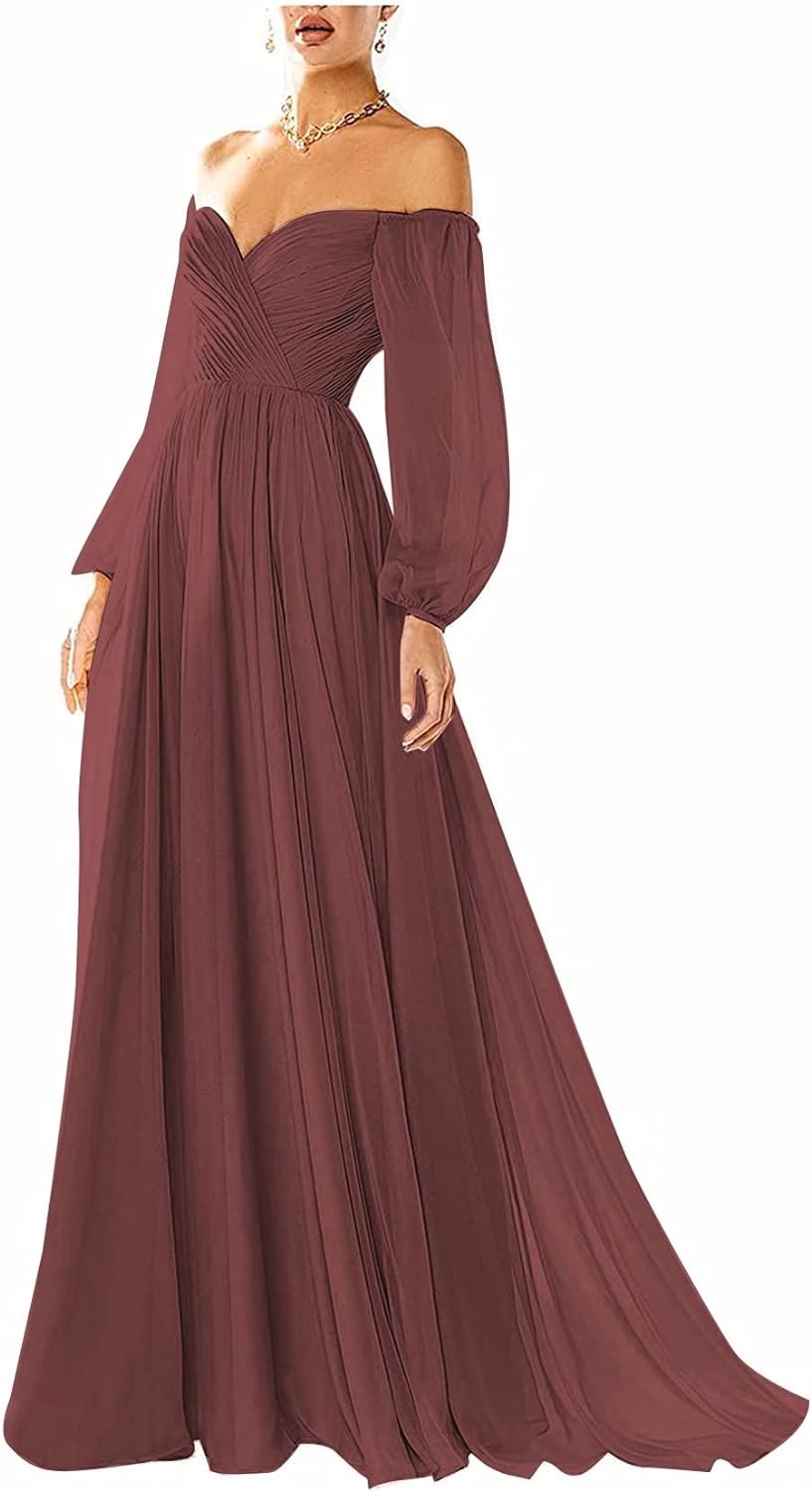 Vestido de fiesta con hombros descubiertos, manga larga, estilo formal, plisado, corte A, para mujer