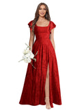 Floral Bridesmaid Dresses for Women Long A-Line Square Neck Lace Formal Evening Gown with Sleeves Slit