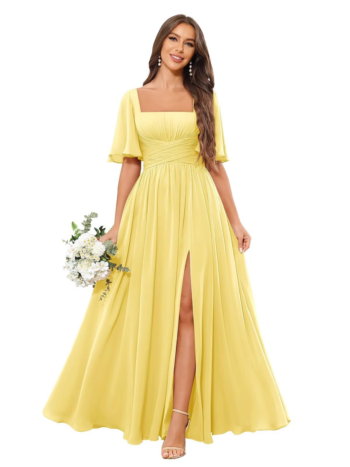 Square Neck Bridesmaid Dresses with Slit Pockets Flutter Sleeve Long Chiffon Formal Wedding Guest Dress