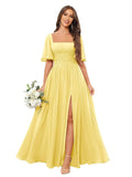 Square Neck Bridesmaid Dresses with Slit Pockets Flutter Sleeve Long Chiffon Formal Wedding Guest Dress