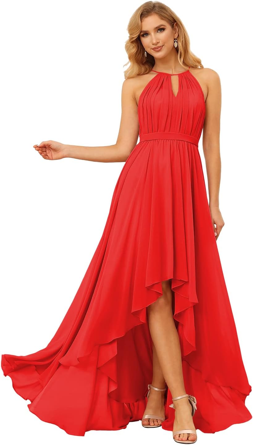 Damen Neckholder Brautjungfernkleider Lang mit Taschen High-Low Falten Formelles Kleid für Hochzeit 