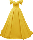 Off Shoulder Satin Prom Dresses for Women V-Neck Elegant A-Line Long Pleated Formal Evening Gown