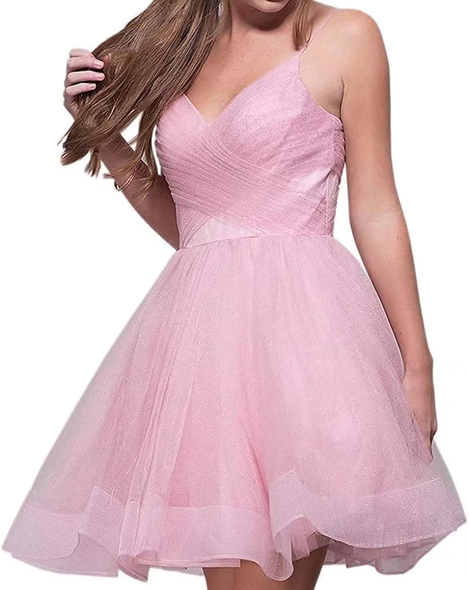 Short Homecoming Dresses Spaghetti Straps V Neck Glitter Tulle Ball Gown Short Prom Graduation Dress for Juniors