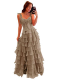 Tiered Prom Dresses with Bow Long A-Line Chiffon Formal Evening Dress for Women Spaghetti Straps Slit Ball Gown