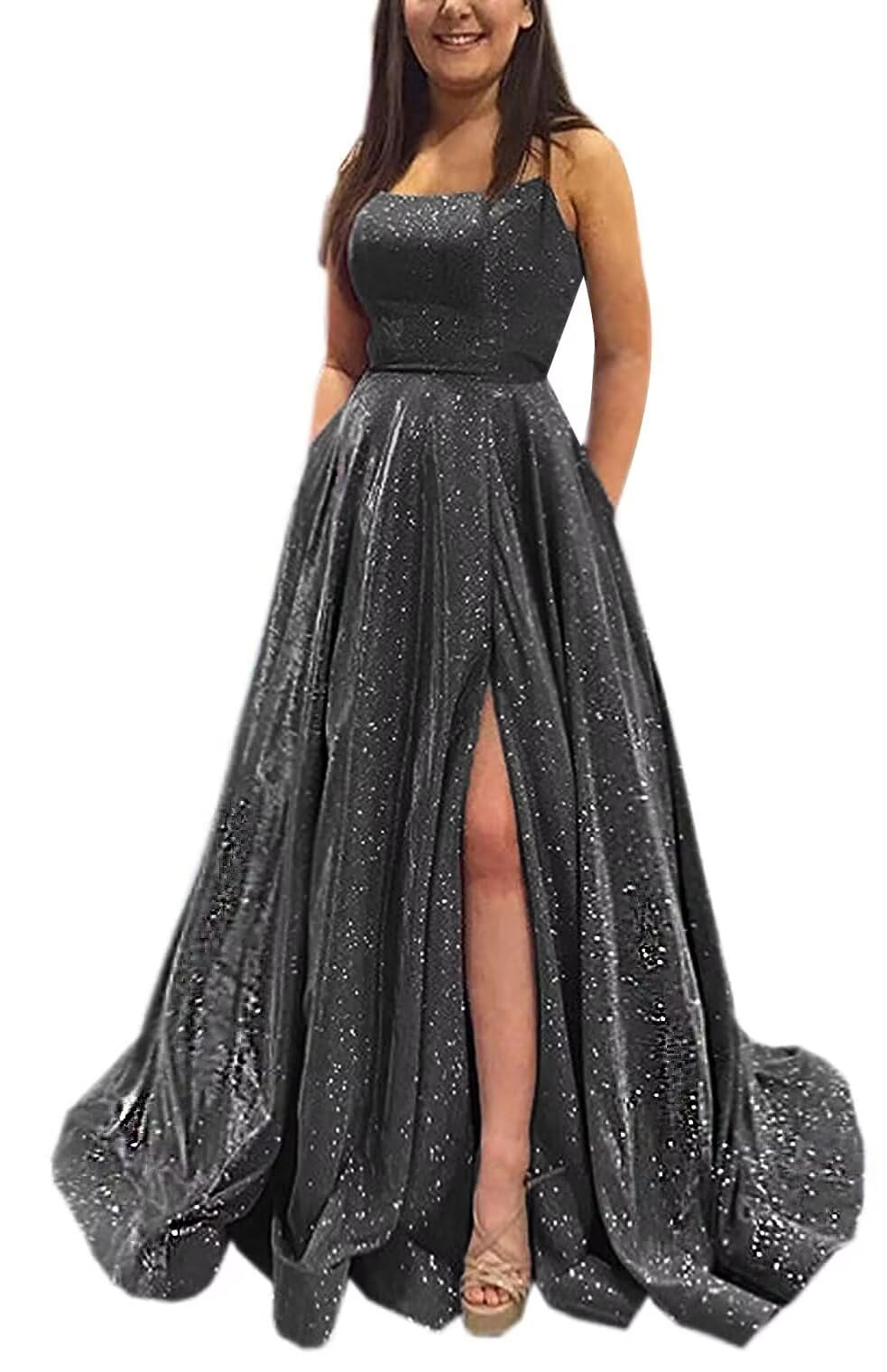 Kingbridal Gowns Spaghetti Straps Prom Dresses Long for Women 2026 A Line Sequin Satin Formal Evening Party Ball Gowns with Slit