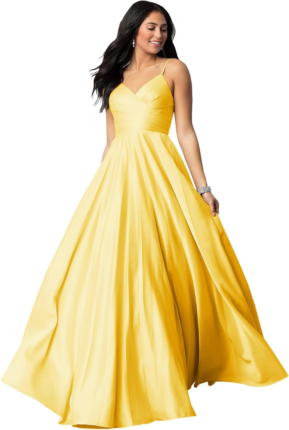Women's Spaghetti Straps Satin Prom Dresses with Pockets V Neck Pleated Formal Evening Ball Gowns