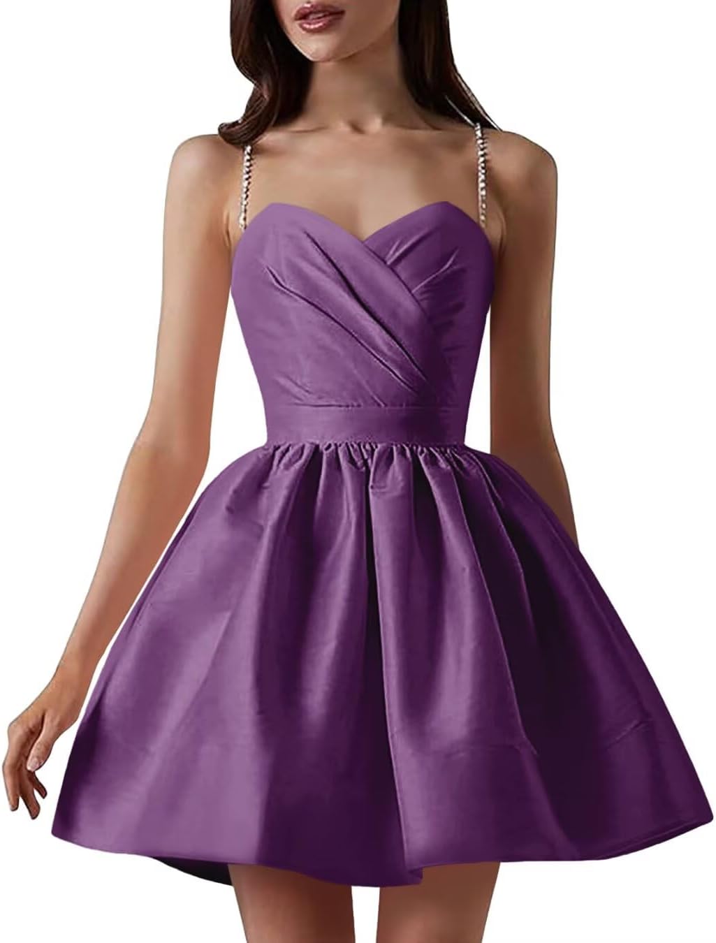 Satin Homecoming Dresses for Teens Spaghetti Straps Short Prom Dress A-Line Cocktail Wedding Guest Dress