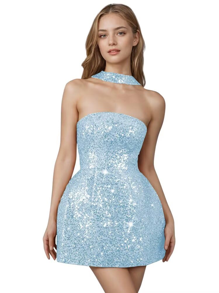 Strapless Sequin Homecoming Dresses for Teens Short Prom Dress Sparkly A-Line Cocktail Party Gowns with Pockets