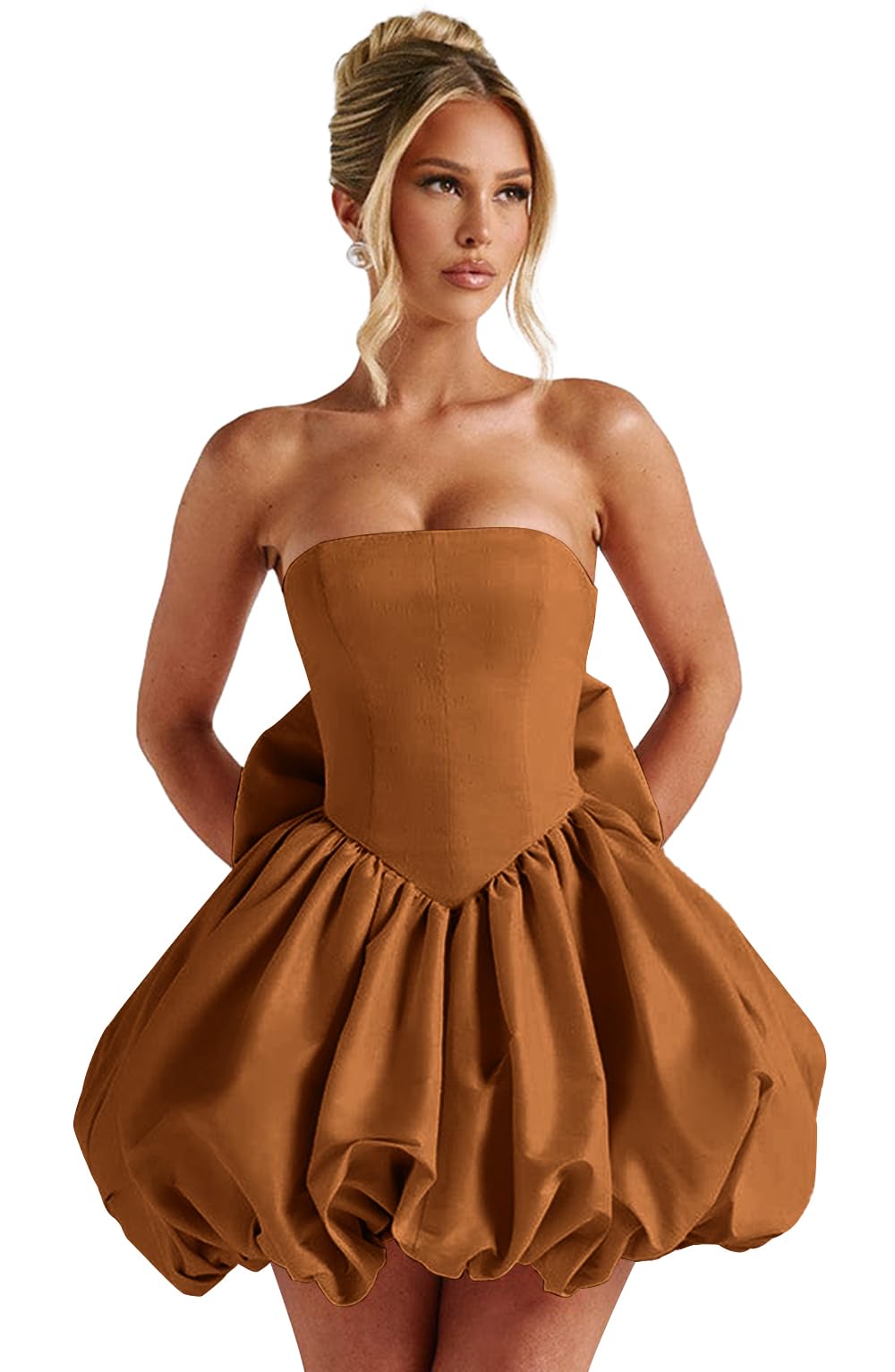 Satin Flower Bud Homecoming Dress Short Prom Dress with Bow Strapless A Line Mini Cocktail Party Gown