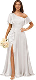 Short Sleeve Satin Bridesmaid Dresses for Women Ruffle One Shoulder Formal Evening Gowns with Slit