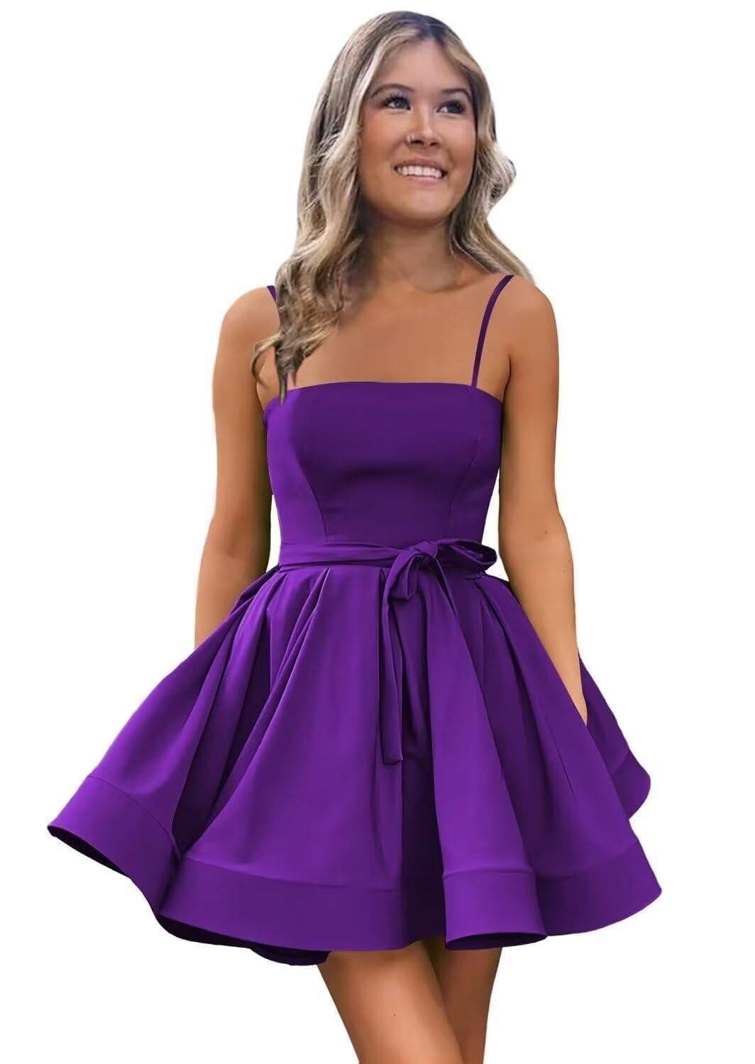 Women’s Short Satin Spaghetti Straps Formal Homecoming Dresses A Line Corset Puffy Prom Gown with Pockets for Teens