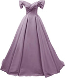 Off Shoulder Satin Prom Dresses for Women V-Neck Elegant A-Line Long Pleated Formal Evening Gown