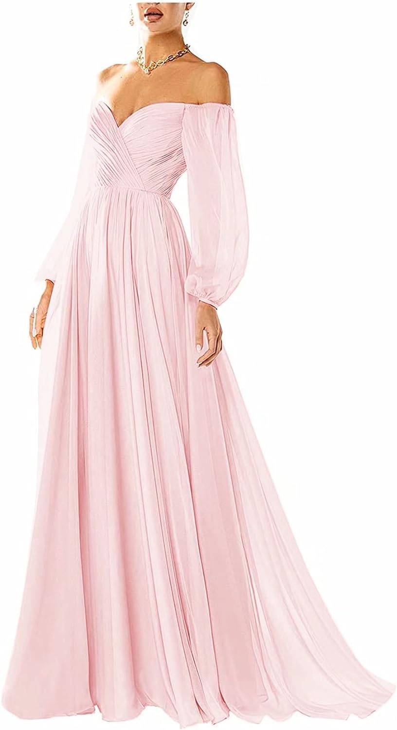 Vestido de fiesta con hombros descubiertos, manga larga, estilo formal, plisado, corte A, para mujer