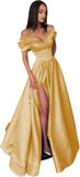 Women’s Off The Shoulder Prom Dresses with Slit Satin Ruched Long Formal Evening Gowns