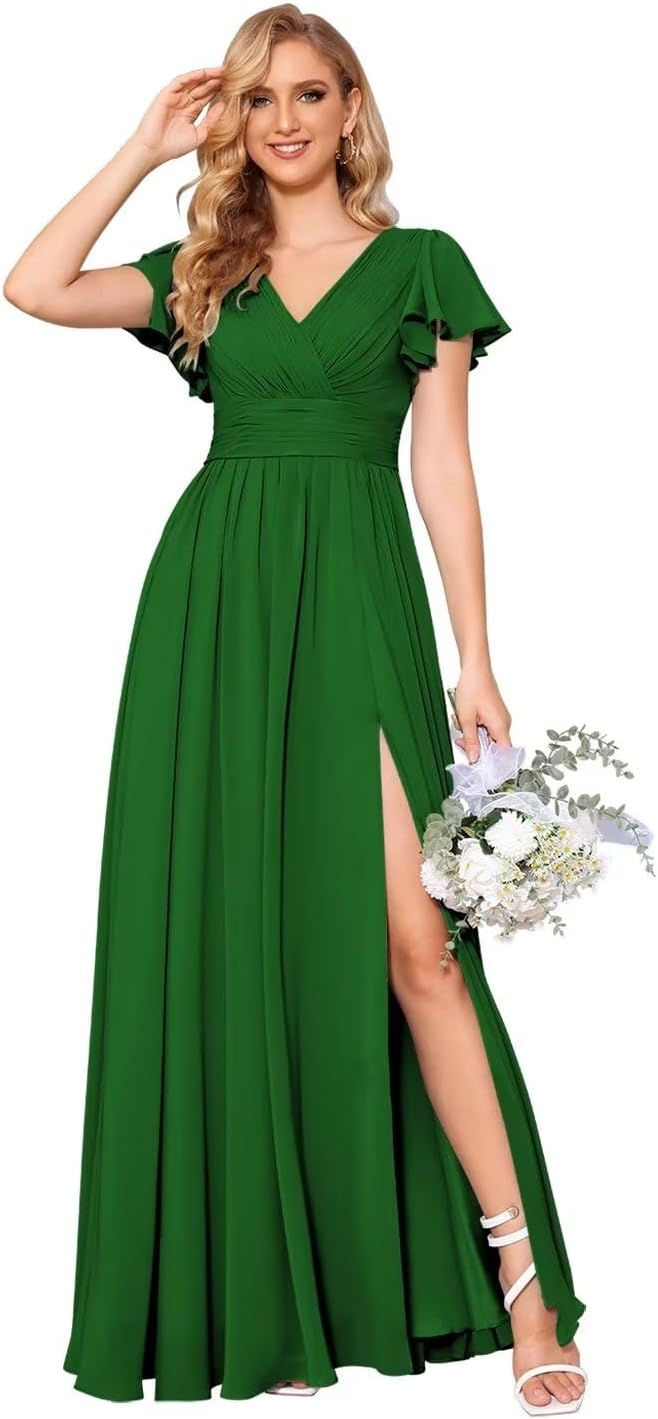 Flutter Sleeves Split Bridesmaid Dresses with Slit Long V Neck Empire Waist Formal Dress for Women Wedding
