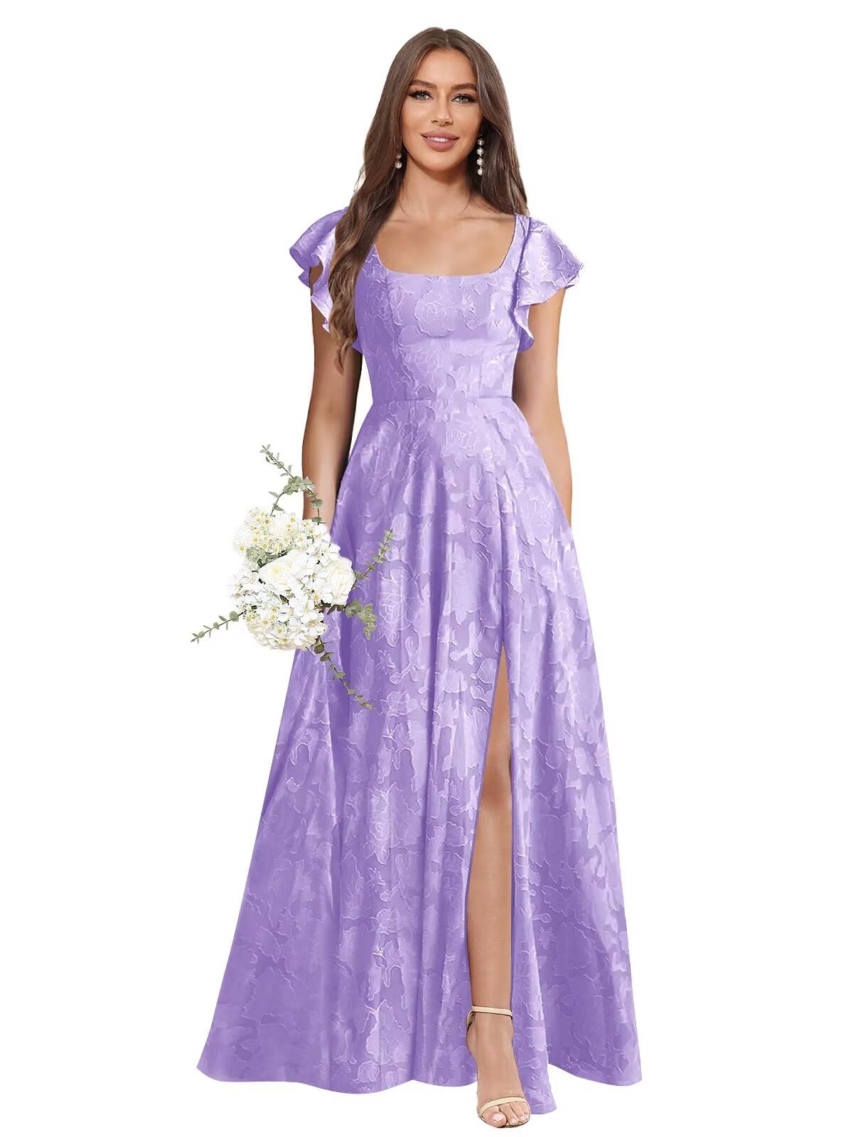 Floral Bridesmaid Dresses for Women Long A-Line Square Neck Lace Formal Evening Gown with Sleeves Slit