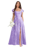 Floral Bridesmaid Dresses for Women Long A-Line Square Neck Lace Formal Evening Gown with Sleeves Slit