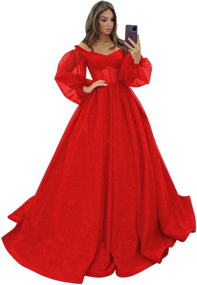 Puffy Sleeve Glitter Prom Dresses Women's Ball Gown Off Shoulder Formal Evening Gown Princess Quinceanera Dress