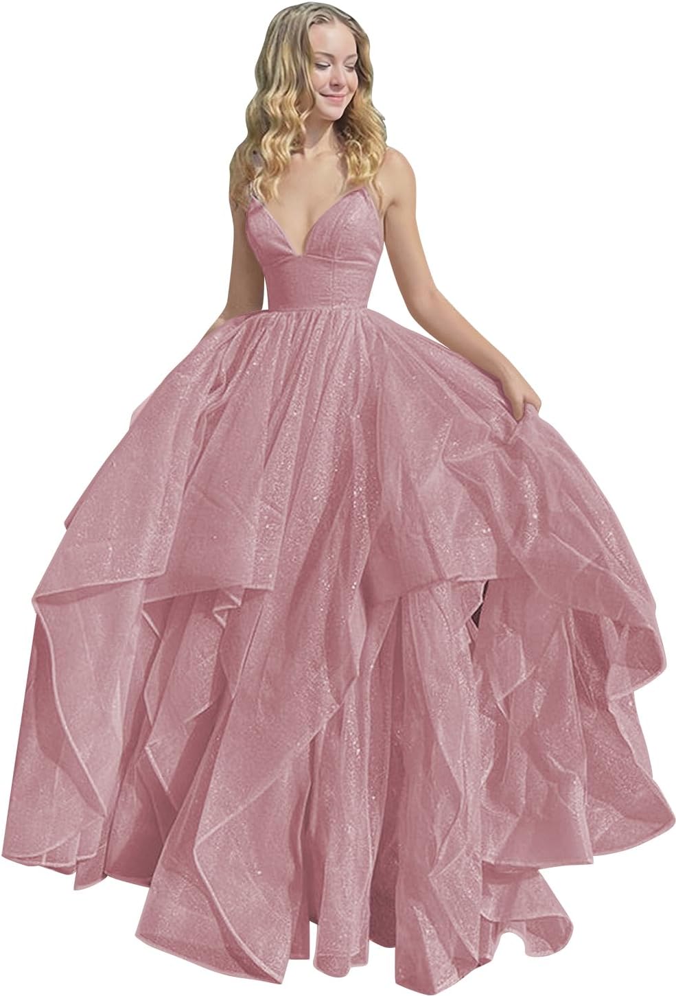 Women's Sparkly Tulle Prom Dress 2023 Long Ball Gown Spaghetti Straps Quinceanera Dress