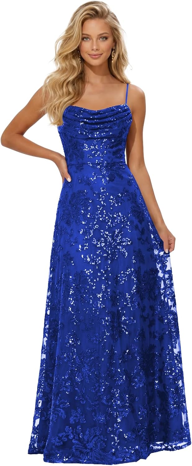 Lace Sequin Prom Dresses Spaghetti Straps A-Line Cowl Neck Pleated Sparkly Long Formal Evening Party Gowns