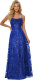 Lace Sequin Prom Dresses Spaghetti Straps A-Line Cowl Neck Pleated Sparkly Long Formal Evening Party Gowns