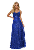 Lace Sequin Prom Dresses Spaghetti Straps A-Line Cowl Neck Pleated Sparkly Long Formal Evening Party Gowns