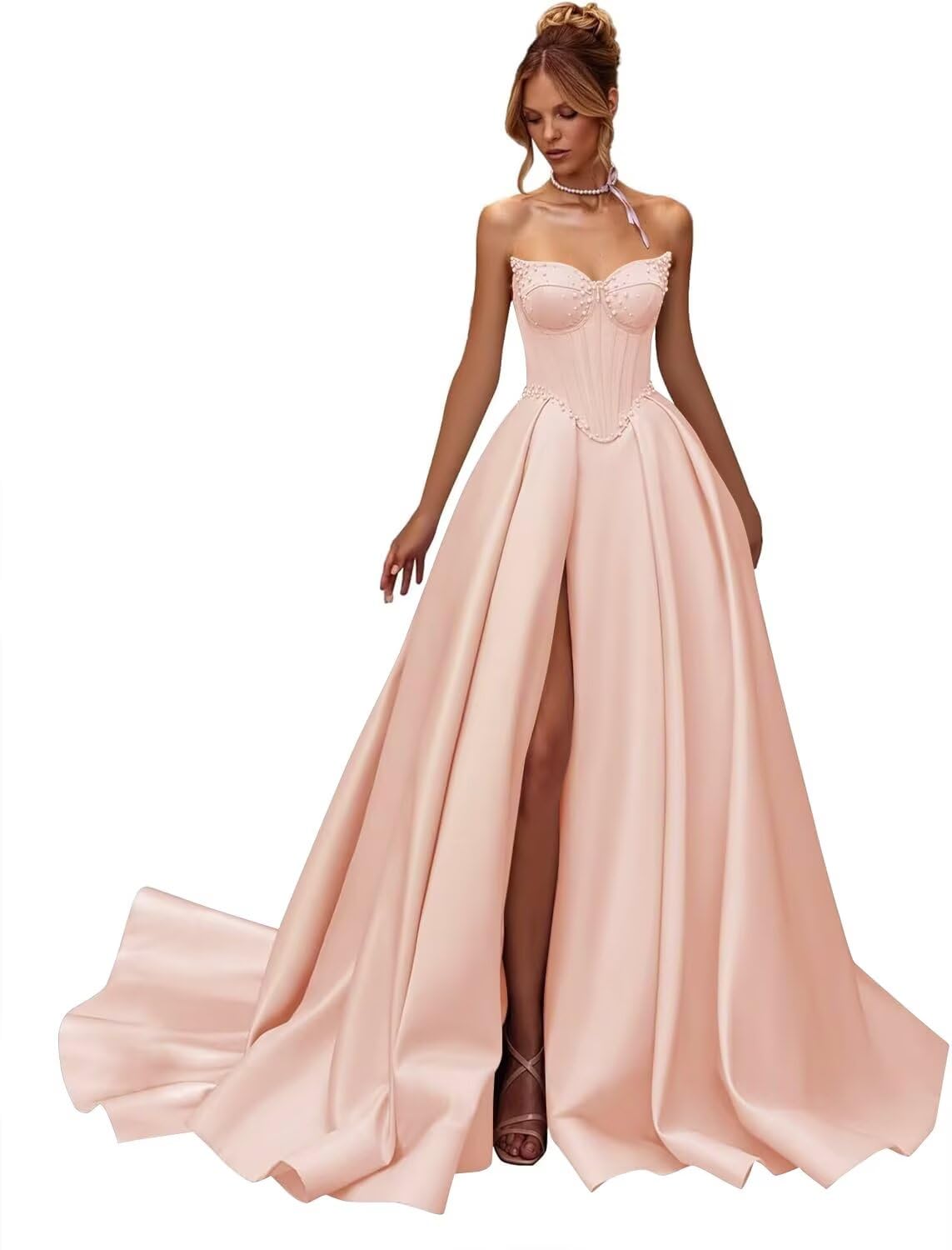 Kingbridal Gowns Strapless Prom Dresses for Women 2026 Long Satin A-line Formal Dress with Slit Beaded Corset Evening Party Gowns