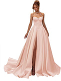 Kingbridal Gowns Strapless Prom Dresses for Women 2026 Long Satin A-line Formal Dress with Slit Beaded Corset Evening Party Gowns
