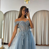 Off The Shoulder Tulle Prom Dresses 2027 Lace Applique A Line Long Sparkly Formal Evening Party Gowns