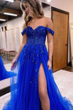 Off The Shoulder Tulle Prom Dress with Laces Applique A-line Slit Long Ball Gowns Glitter Formal Evening Dress
