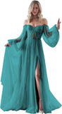 Women's Puffy Long Sleeve Prom Dresses with Slit Off Shoulder Tulle Wedding Formal Evening Gowns