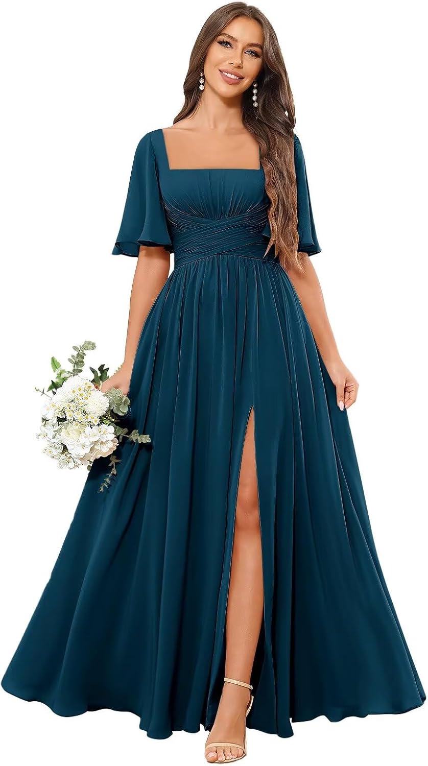 Square Neck Bridesmaid Dresses with Slit Pockets Flutter Sleeve Long Chiffon Formal Wedding Guest Dress