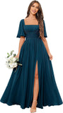 Square Neck Bridesmaid Dresses with Slit Pockets Flutter Sleeve Long Chiffon Formal Wedding Guest Dress