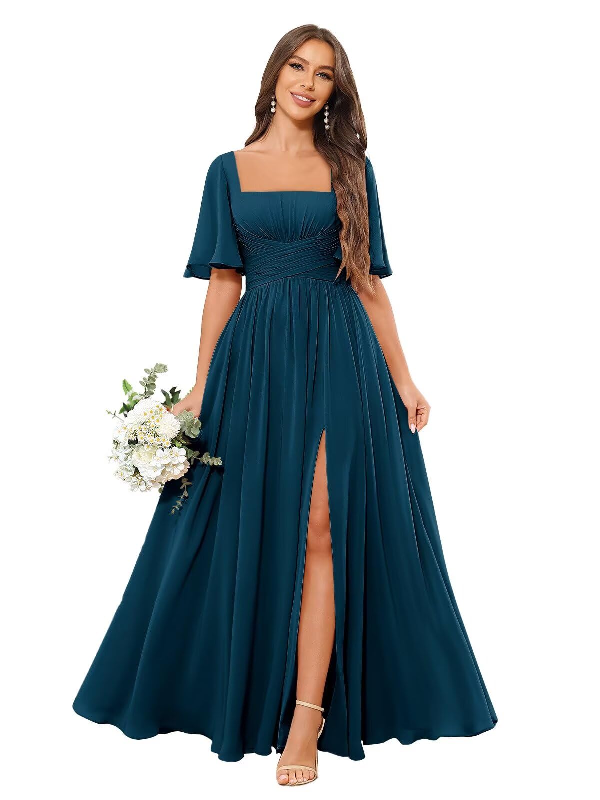 Square Neck Bridesmaid Dresses with Slit Pockets Flutter Sleeve Long Chiffon Formal Wedding Guest Dress