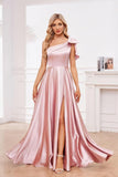 One Shoulder Bridesmaid Dresses for Women 2027 Long Satin A-line Formal Evening Party Dress with Slit