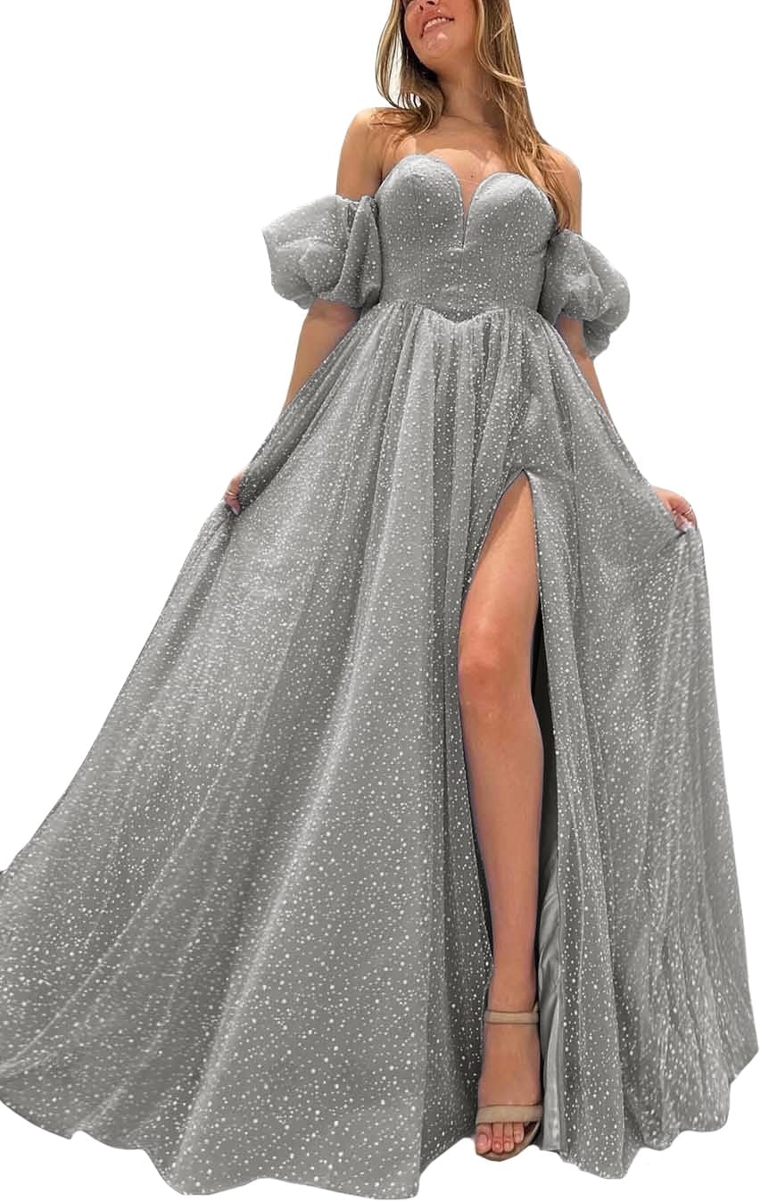 Tulle Prom Dresses for Women 2027 Sparkly Puffy Sleeves Long Ball Gowns with Slit A-Line Evening Dresses