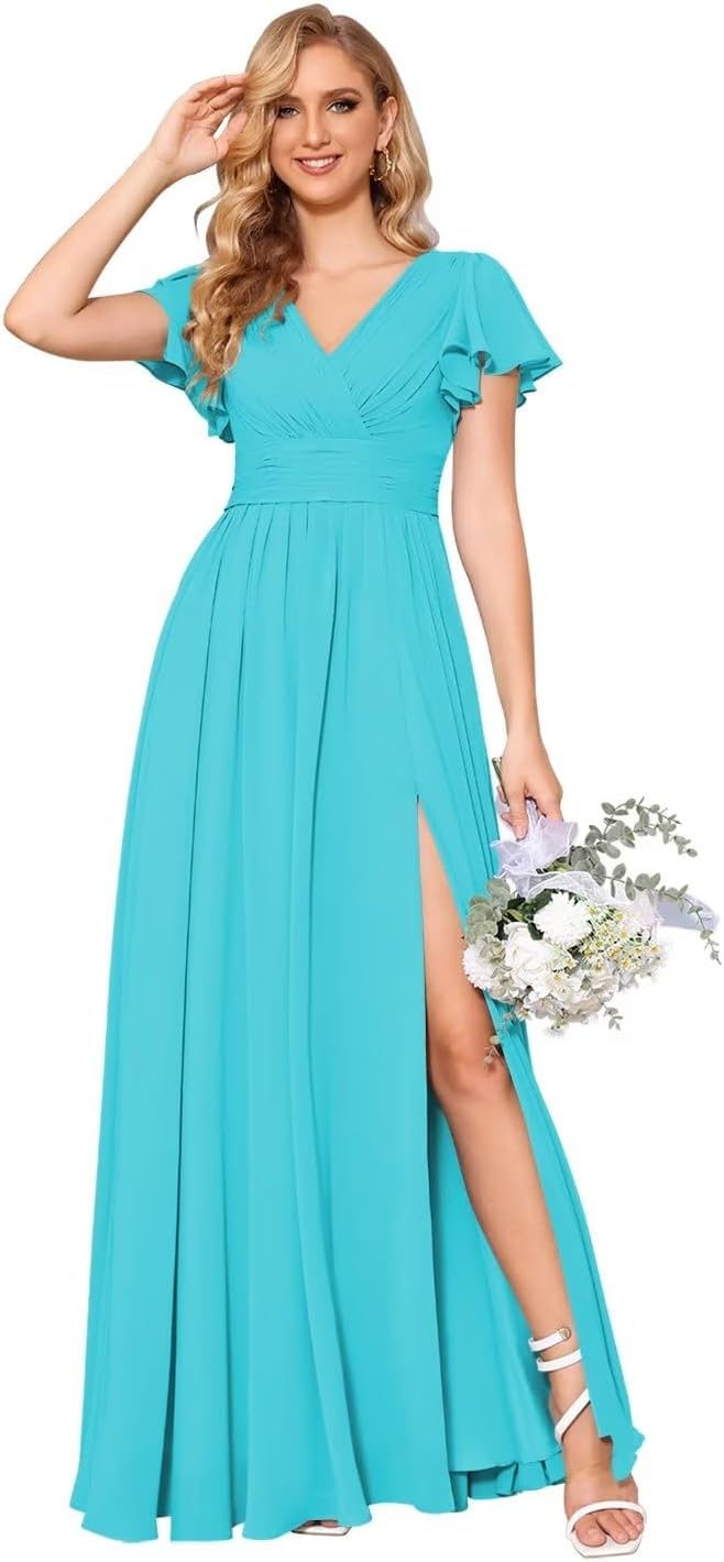 Flutter Sleeves Split Bridesmaid Dresses with Slit Long V Neck Empire Waist Formal Dress for Women Wedding