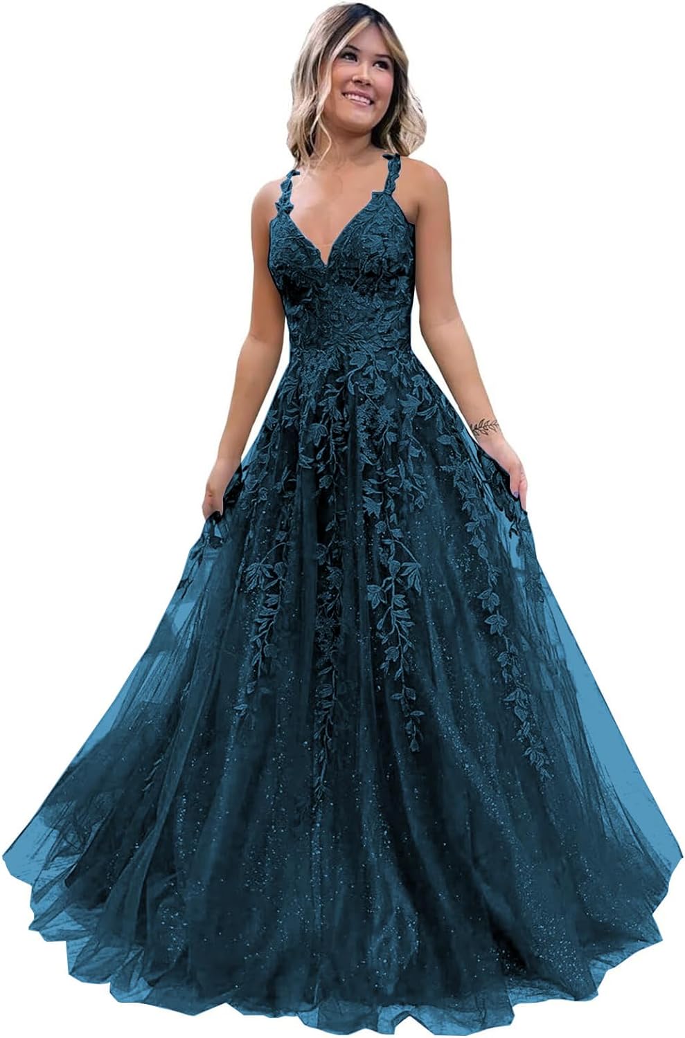 Women's Sparkly Tulle Lace Applique Prom Dresses 2025 Long Spaghetti Straps Formal Evening Gowns