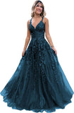 Women's Sparkly Tulle Lace Applique Prom Dresses 2025 Long Spaghetti Straps Formal Evening Gowns