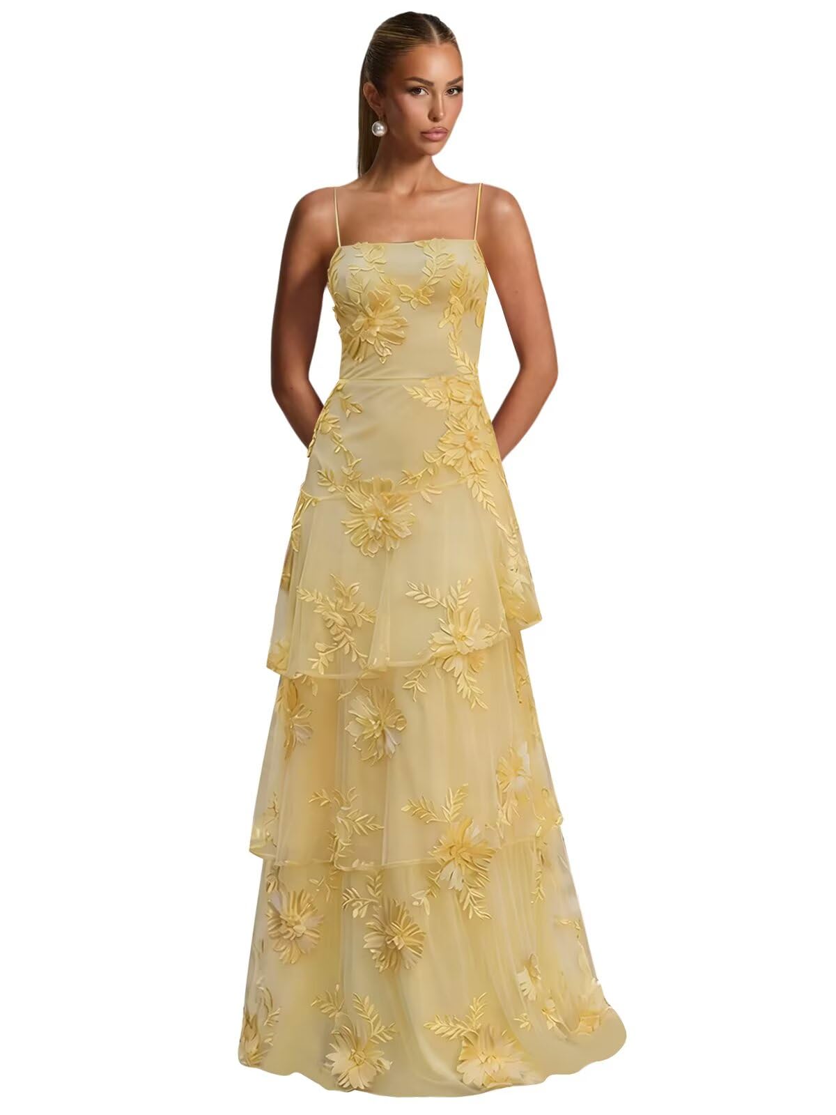 Ruffle Floral Embroidery Prom Dress Long A Line Tiered Bridesmaid Dresses Formal Evening Gowns