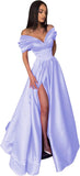 Women’s Off The Shoulder Prom Dresses with Slit Satin Ruched Long Formal Evening Gowns