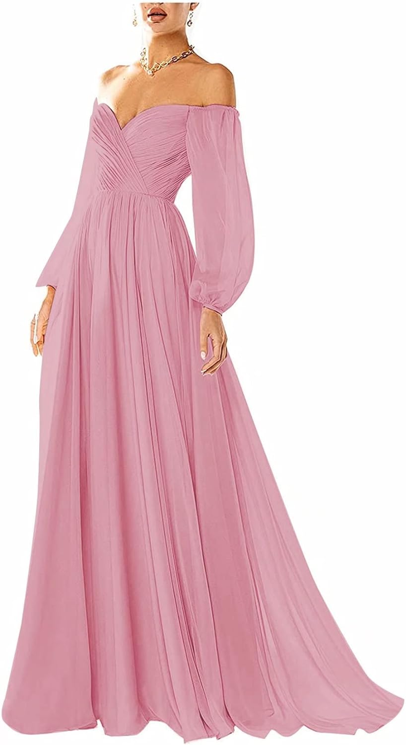 Vestido de fiesta con hombros descubiertos, manga larga, estilo formal, plisado, corte A, para mujer