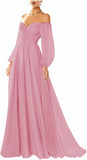 Vestido de fiesta con hombros descubiertos, manga larga, estilo formal, plisado, corte A, para mujer