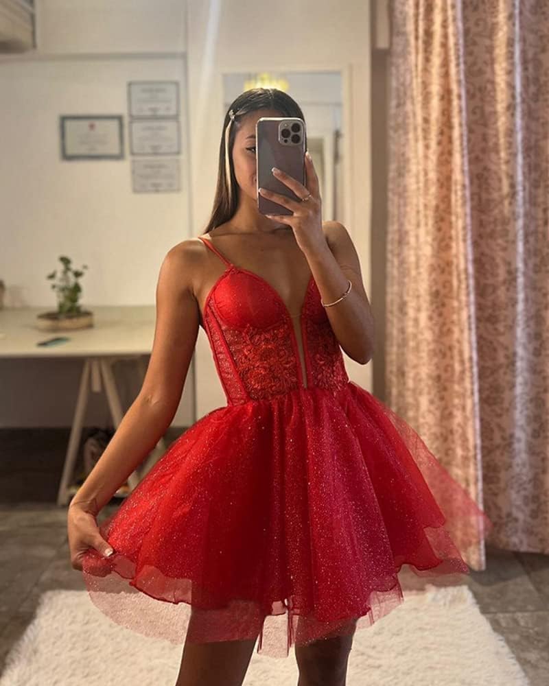 Glitter Tulle Homecoming Dresses for Teens Spaghetti V Neck Short Prom Dresses A Line Mini Cocktail Party Gowns